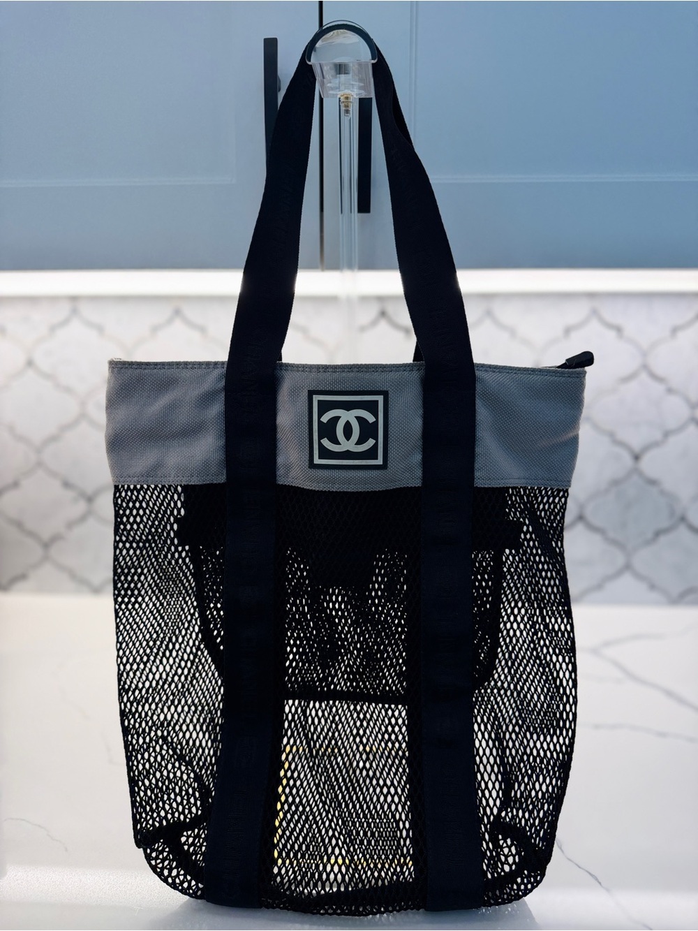 CHANEL Black Mesh Tote with Gray Top Panel